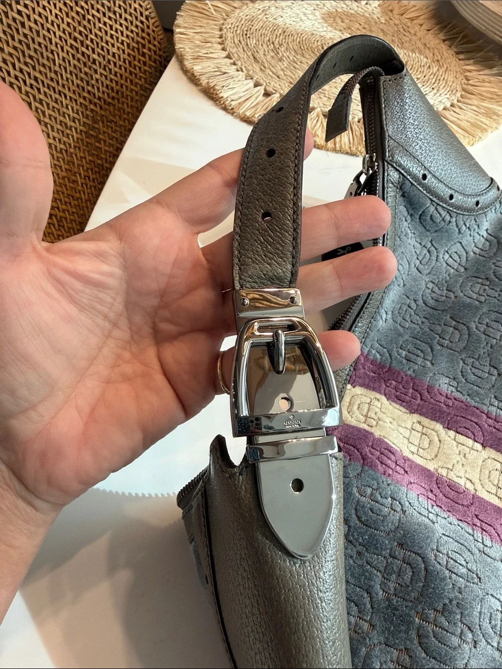 Gucci Gray Hobo Bag with Purple and Cream Center Stripe